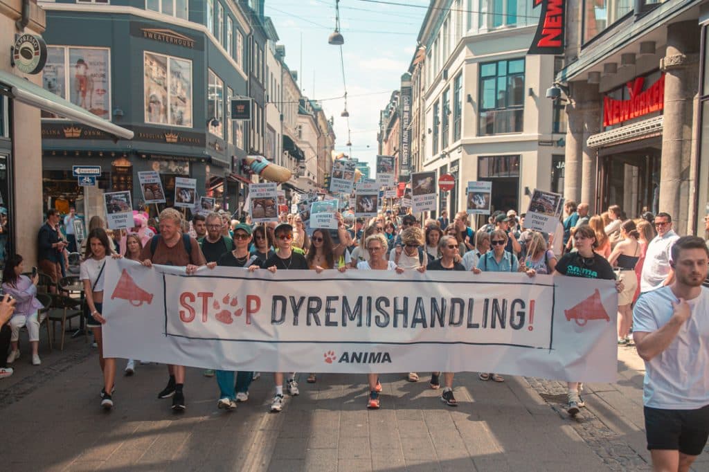 Mennesker demonstrerer mod dyremishandling på gaden.